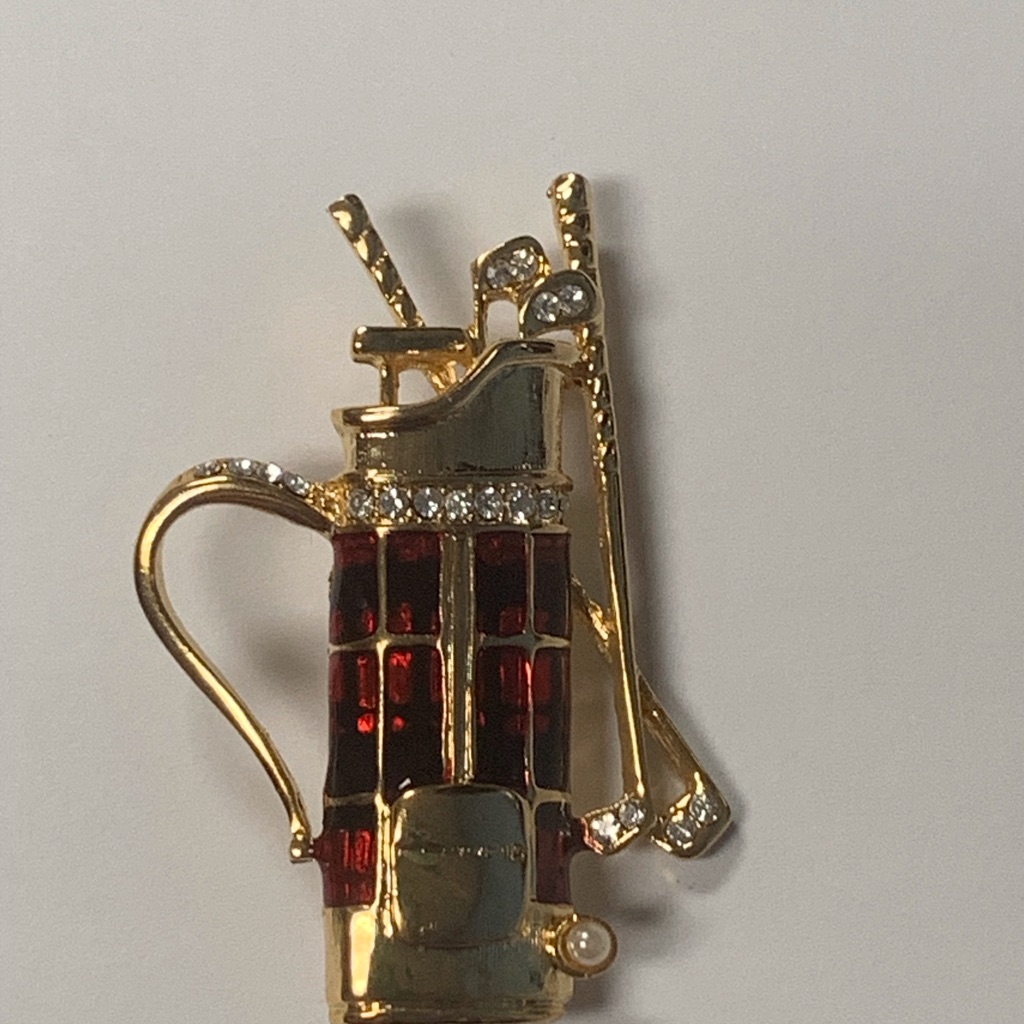 New Golf Bag Clubs Pin 2” X 1 1/4” Rhinestones Pearls Brooch